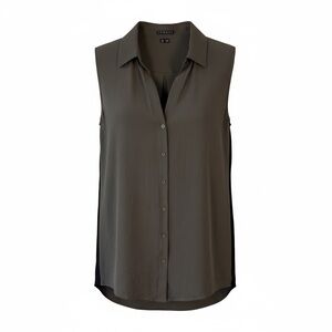 Theory Sleeveless Button-Up Silk Blouse - Olive Black Size P Quiet Luxury